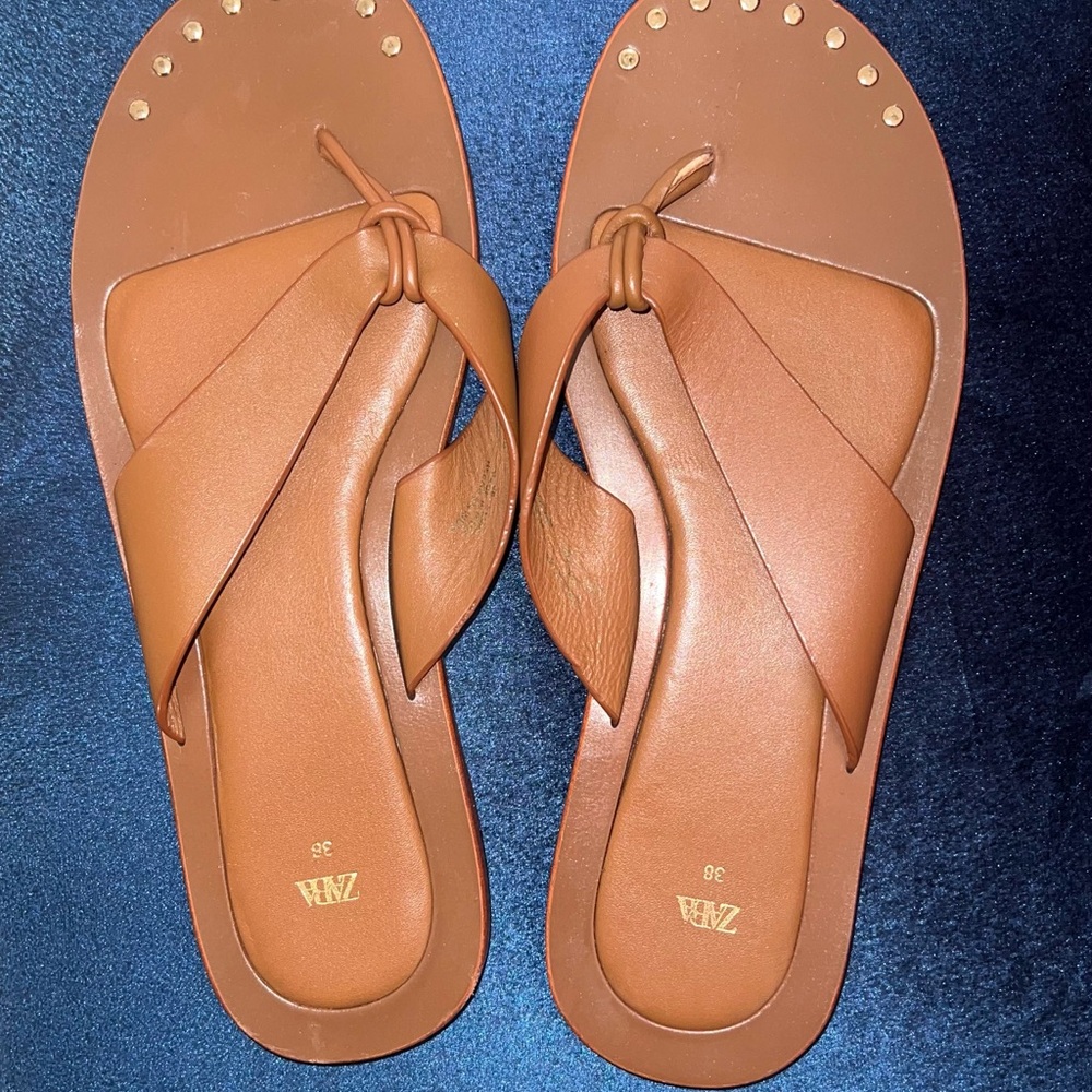 Zara Tan Leather Sandals Minimalist Design